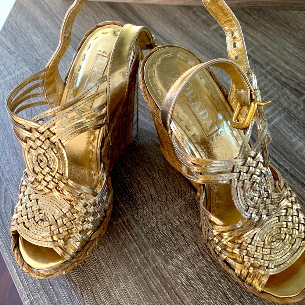 Gorgeous gold Prada wedge sandals. Size 37.5/US 8